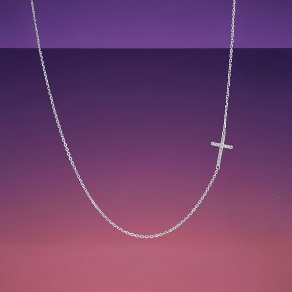Sideways Cross Necklace Sterling Silver CZ – Dainty Faith Necklace - Argenti Designer Jewelers