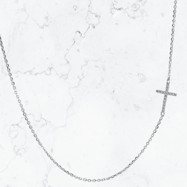 Sideways Cross Necklace Sterling Silver CZ – Dainty Faith Necklace - Argenti Designer Jewelers