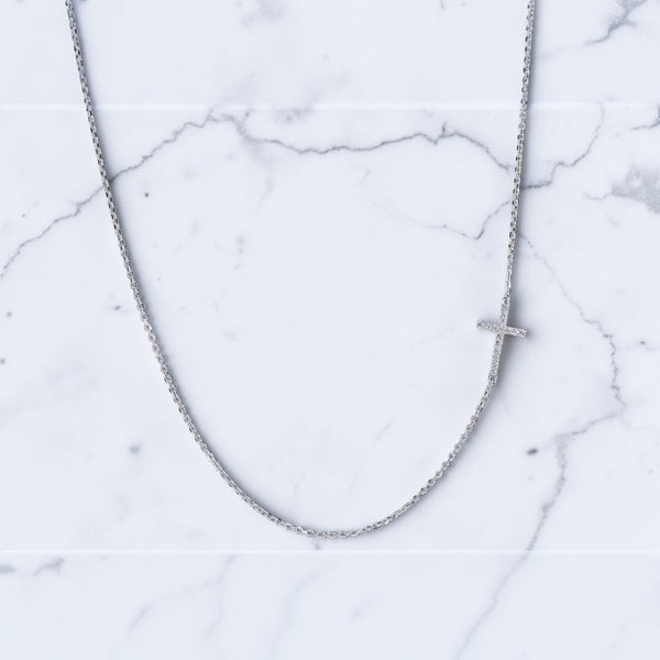 Sideways Cross Necklace Sterling Silver CZ – Dainty Faith Necklace - Argenti Designer Jewelers