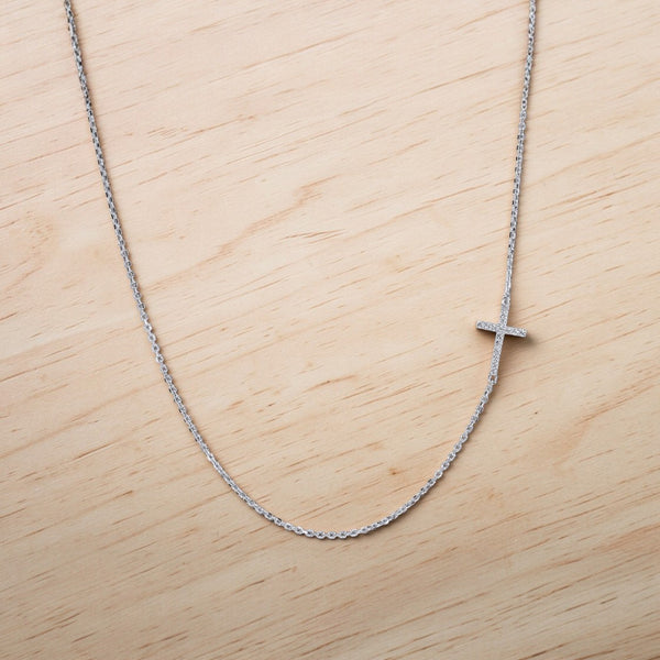 Sideways Cross Necklace Sterling Silver CZ – Dainty Faith Necklace - Argenti Designer Jewelers