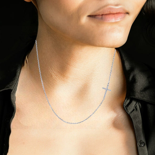 Sideways Cross Necklace Sterling Silver CZ – Dainty Faith Necklace - Argenti Designer Jewelers