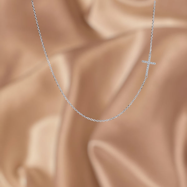 Sideways Cross Necklace Sterling Silver CZ – Dainty Faith Necklace - Argenti Designer Jewelers