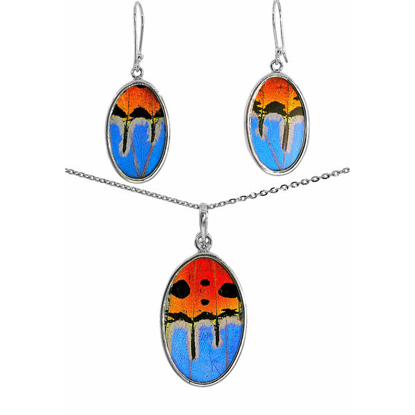 Blue Oval Butterfly Necklace & Earrings Set